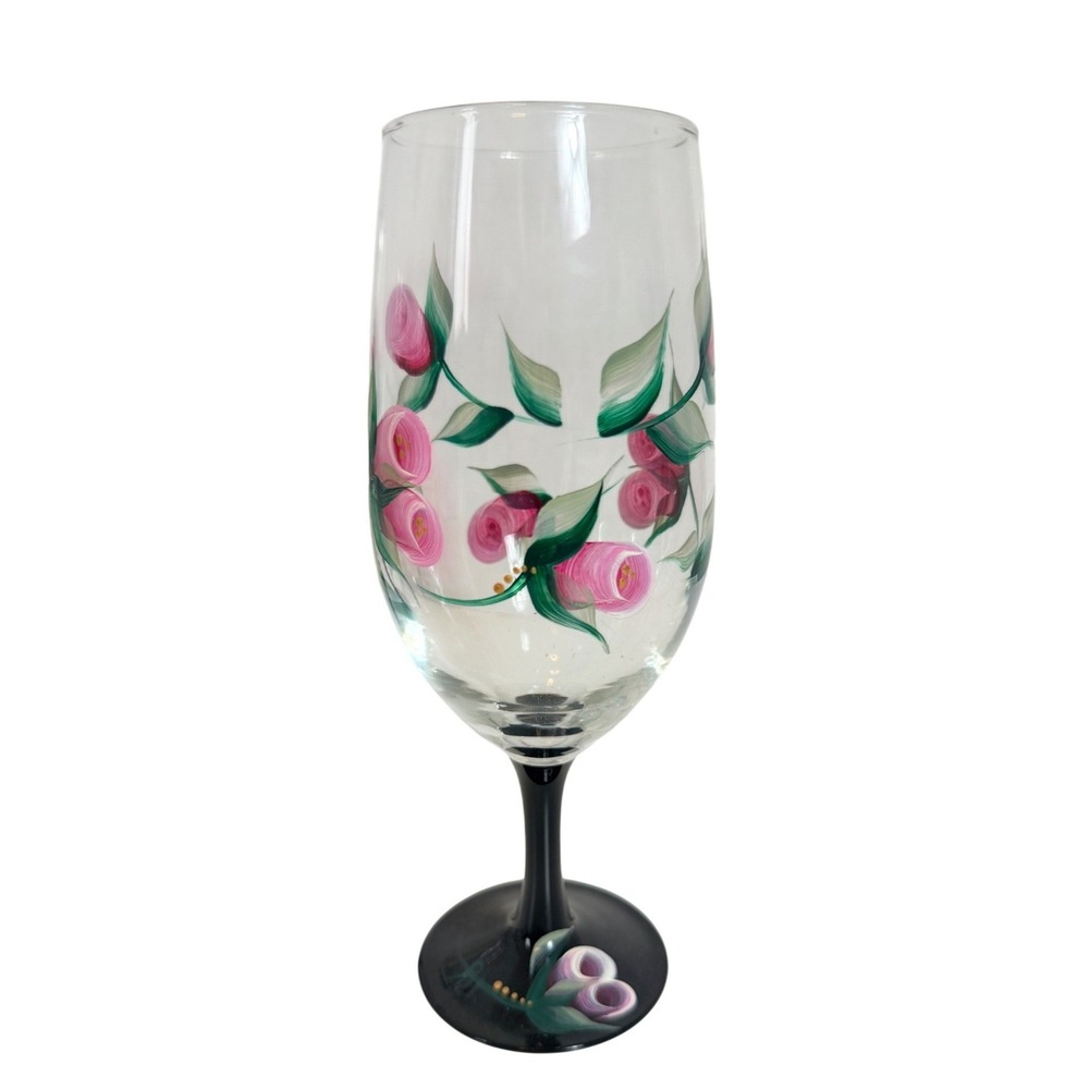 Hand Painted Wine Glasses Sz‎ Set of 4 Pink Rose Black Stem Floral Art Vintage